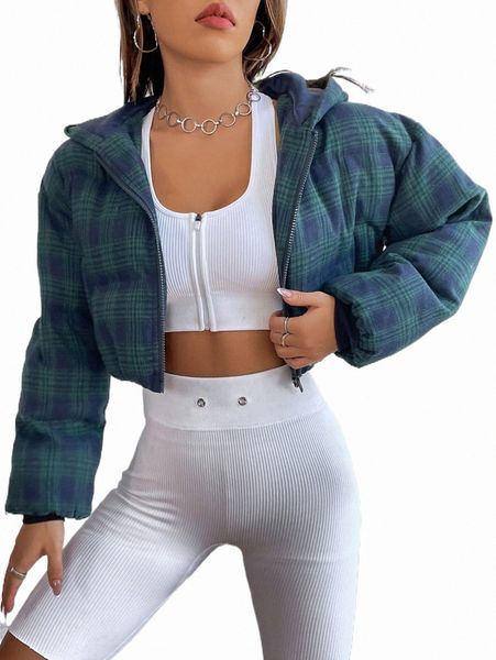 

plaid drop shoulder hooded puffer coat 87gy#, Black