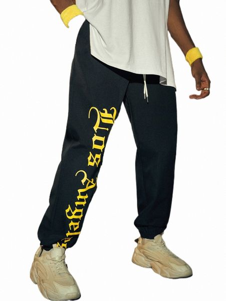 

romwe street life guys letter drawstring pants m5lp#, Black