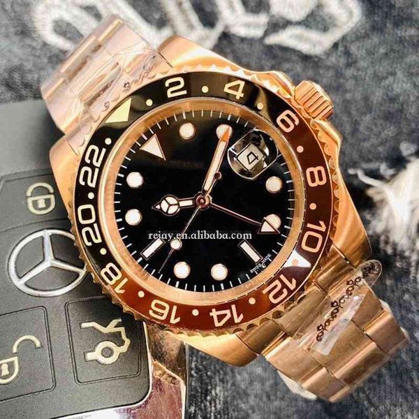 

luxurious movement watch yachtmaster mechanical watches gmt luxury ceramic bezel black dial stainless steel strap ii gold case band 40mm aut, Slivery;brown
