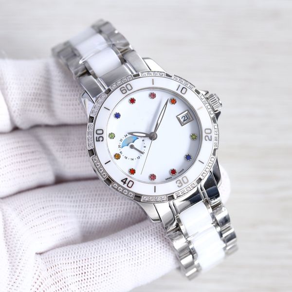 

fashion women's mechanical watch 36mm ceramic bracelet bezel automatic movement 9-bit sun moon star morning sapphire mirror womens watc, Slivery;golden