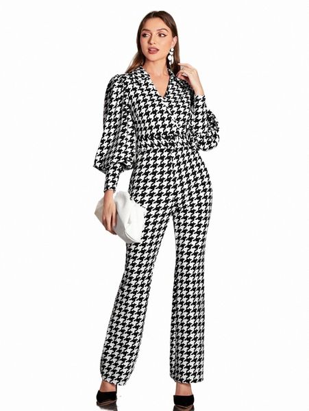 

houndstooth lantern sleeve flare leg jumpsuit k6fm#, Black;white