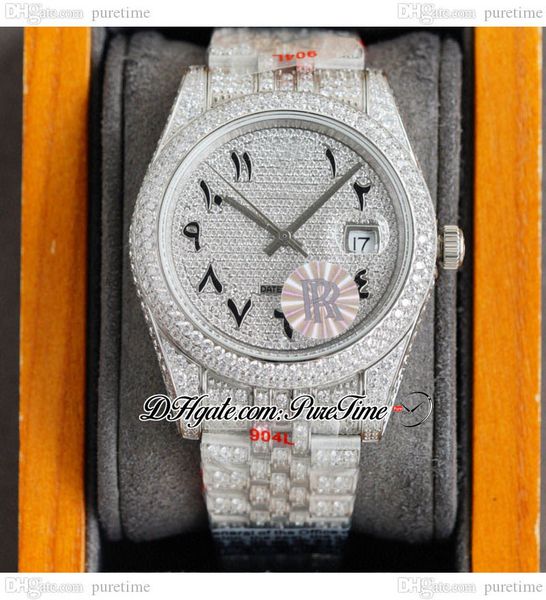 

rf 41 126334 eta a2836 automatic mens watch black arabic script paved diamond dial fully iced out diamonds 904l jubileesteel bracelet super, Slivery;brown