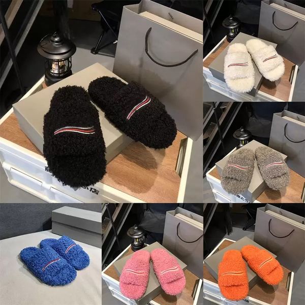 

luxury designer slipper women wool slides slippers ladies wool slide winter fur fluffy furry warm letters sandals comfortable fuzzy size 35-, Black