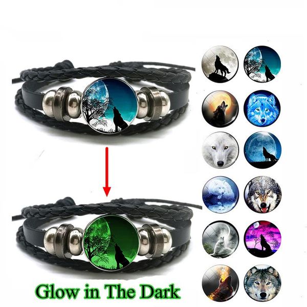 

glow in the dark strands wolf head bracelet multilayer leather charm women men fashion luminous bracelets jewelry, Black