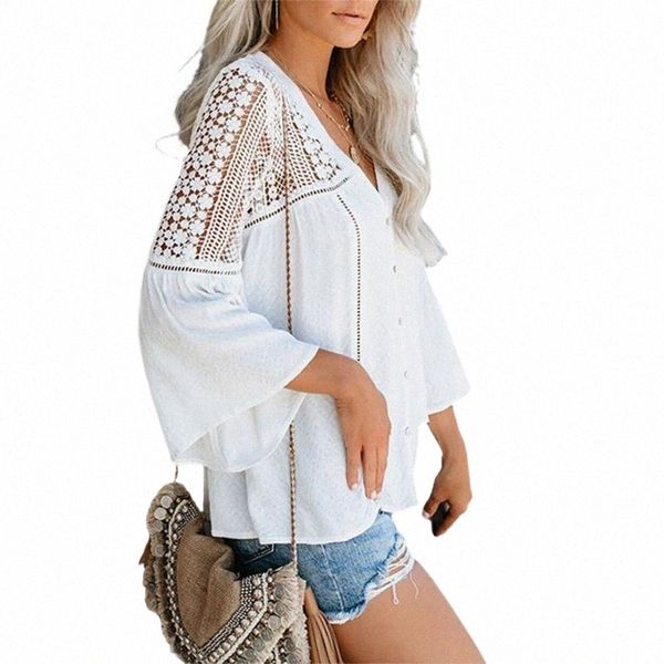 

women's t-shirt women summer hollow-out shirt adults lace crochet solid color bell sleeve v-neck button down blouse r3kf#, White