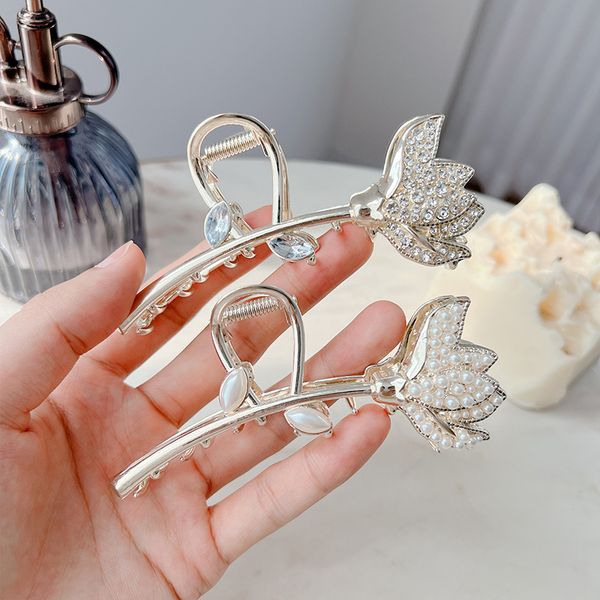 

pearl crystal flower a word hair clamps clips women alloy large hair claw clip for female shower ponytail headdress hairpins accessories len, Slivery;golden