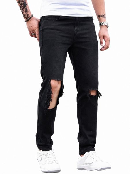 

men ripped straight leg jeans 45up#, Blue