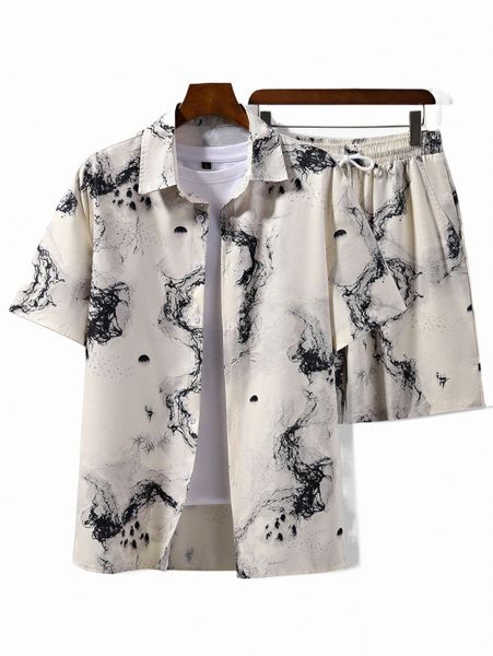 

men marble print shirt & drawstring waist shorts without tee j4jg#, Gray