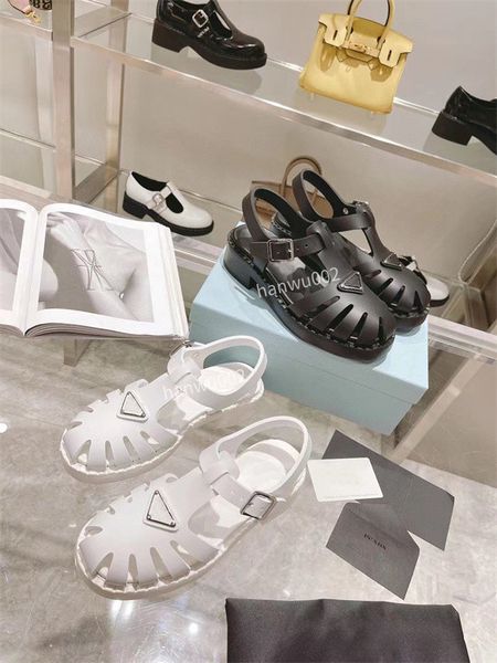 

2022 women calfskin leather sandals platform sandal summer beach shoes diamond buckle ankle strap flats chunky wedge sports shoe, Black