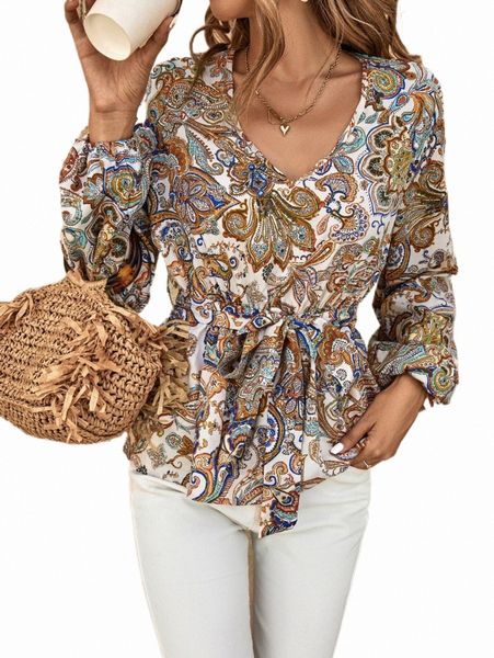 

floral & paisley print lantern sleeve belted blouse 20f0#, White