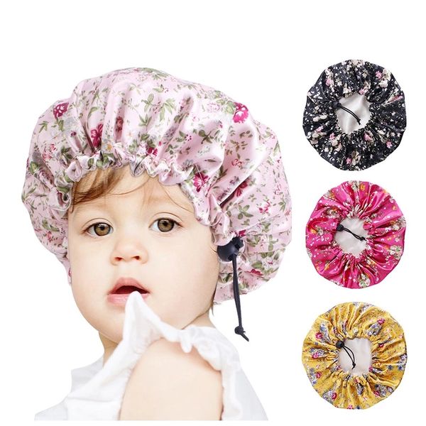 

double layer satin silk sleep bonnet for kids hair protect hair scarf floral sleep night cap beanie for children girls boys hat, Blue;gray