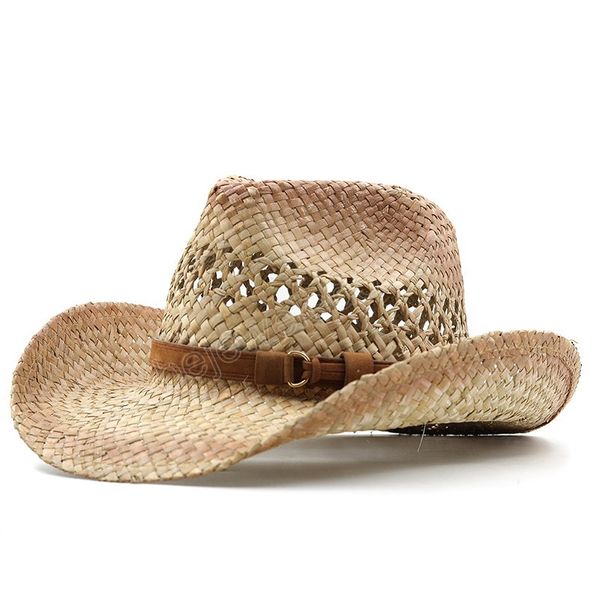 

cowboy women's summer wide brim west straw hat panamas uv protection sun visor seaside beach hat, Blue;gray