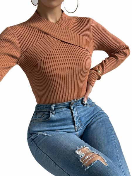 

ribbed knit crisscross sweater w90i#, White;black