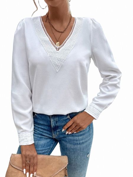 

contrast guipure lace blouse i2ha#, White