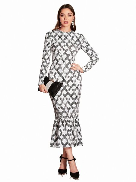 

geo print mermaid hem dress m6dd#, Black;gray