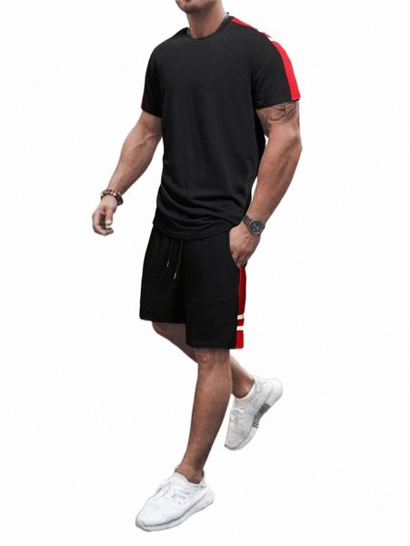 

men contrast panel tee & drawstring waist shorts 21ig#, Gray