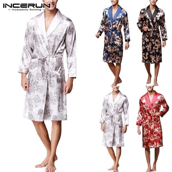 

stylish mens robe long sleeves bathrobe silk kimono lucky dragon print pajamas night dressing gown masculina bathrobe homewear1303y, Black;brown