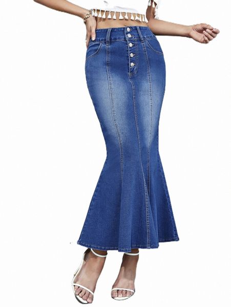 

button fly mermaid hem denim skirt v8vy#, Black