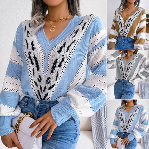 

ins style real shooting autumn winter knits & tees european and american contrast color leopard lantern sleeve knitted sweater, White