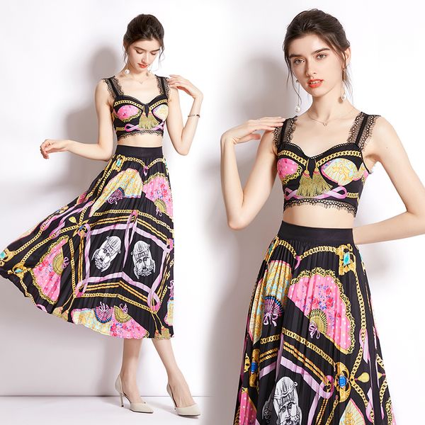 

2022 summer two piece dress sets designer set women slim vests and pleated long skirt home wear suit casual vacation beach boho cute woman, White