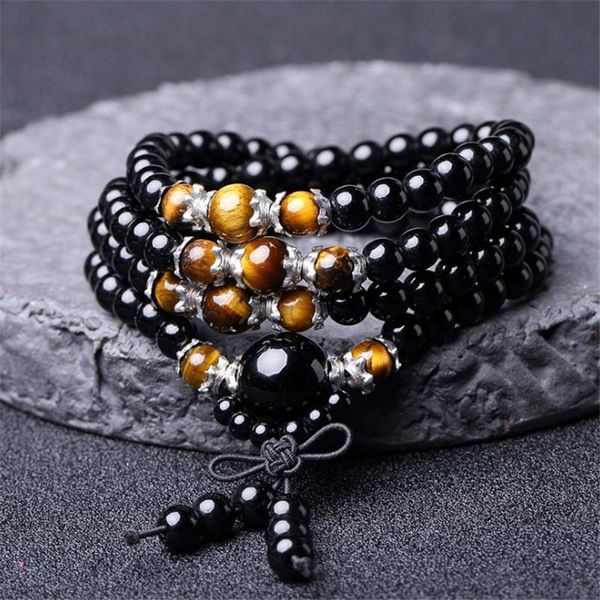 

108 beads obsidian beaded prayer strands mala rosary bracelets men buddhist buddha meditation tiger eye stone wood bracelet for women, Black