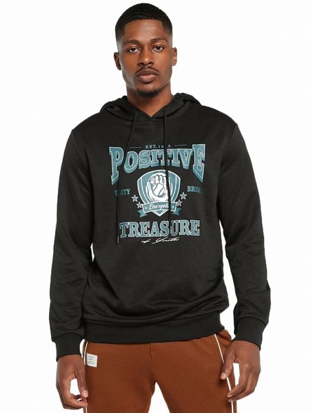 

men letter & cartoon graphic kangaroo pocket drawstring hoodie u6fg#, Black