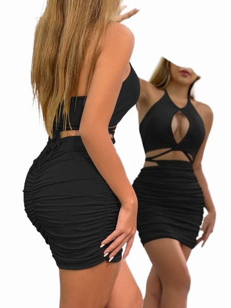 

tie backless halter & ruched bodycon skirt e0gk#, White