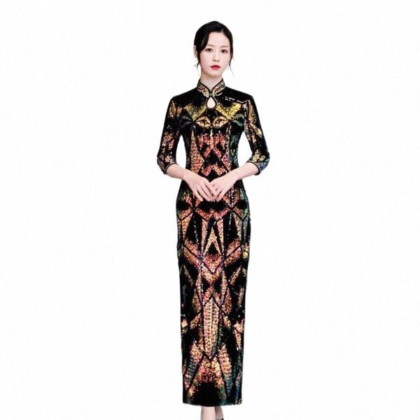 

ethnic clothing velour sequins banquet party dress gown slim vintage button cheongsam lady chinese style qipao mandarin collar vestidos 51se, Red
