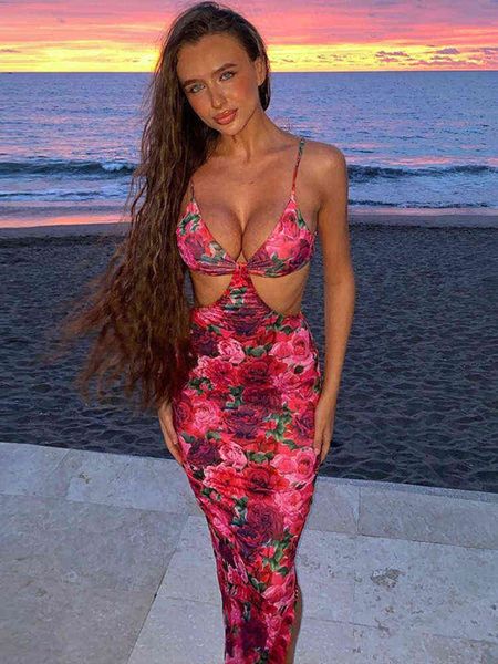 

mozision elegant spaghetti strap v neck print maxi dress for women robe fashion sleeveless backless printed split long dress t220819, Black;gray