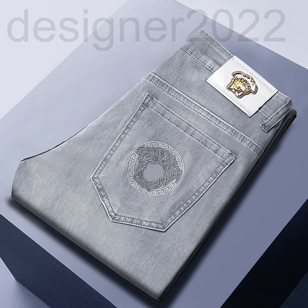

men's jeans designer european spring and autumn high-end embroidered jeans men's grey fashion trend slim elastic straight pants y4, Blue