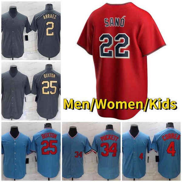 

mens byron buxton baseball jersey luis arraez carlos correa kirby puckett max kepler miguel sano josh donaldson blue red grey custom men wom, Black
