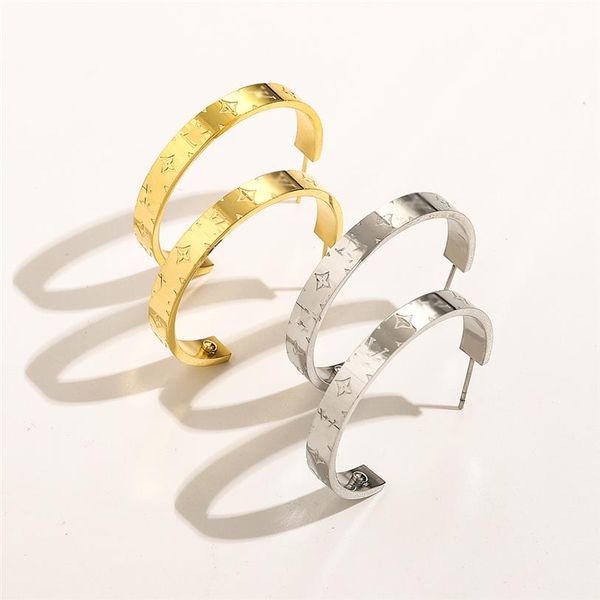 

simple stainless steel luxury brand designers letters stud clip chain geometric famous women flower round ear loop earring wedding245l, Golden;silver