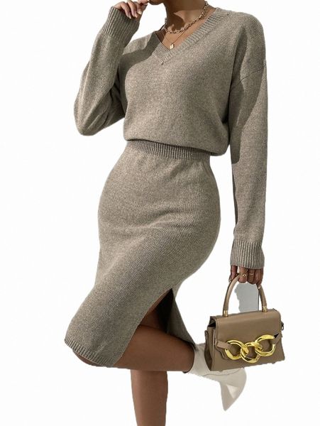 

drop shoulder split thigh sweater dress h75t#, White;black