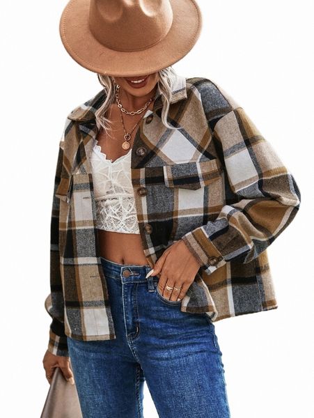 

plaid drop shoulder jacket x5aj#, Black;brown
