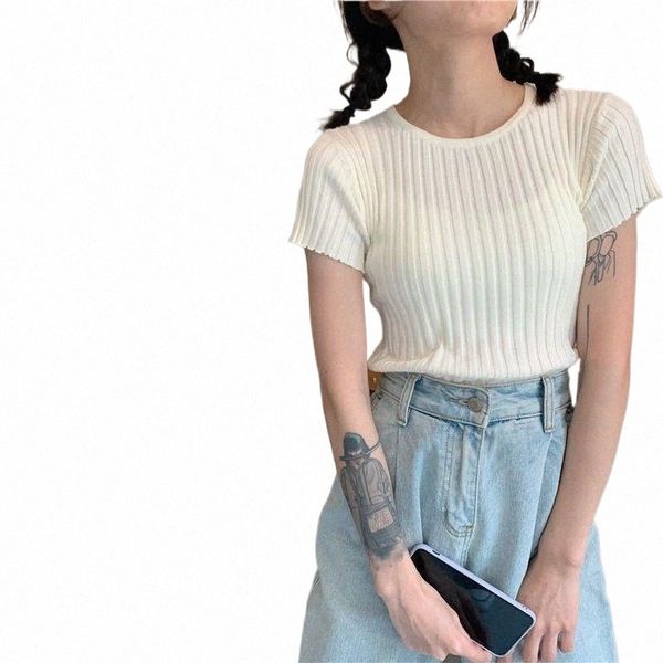 

korean o neck short sleeve basic women t-shirt knitted tee-shirt solid harajuku stretch streetwear thin casual tee women's g9df#, White