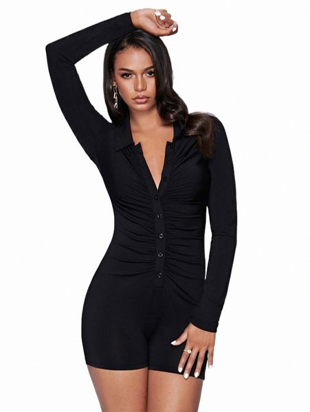 

bae button front ruched unitard romper 571i#, Black;white
