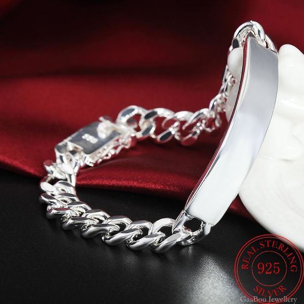 

925 stamp silver color man strands women square lucky bracelet geometry chain linked charm cuff bangle valentine jewelry pulseira, Black
