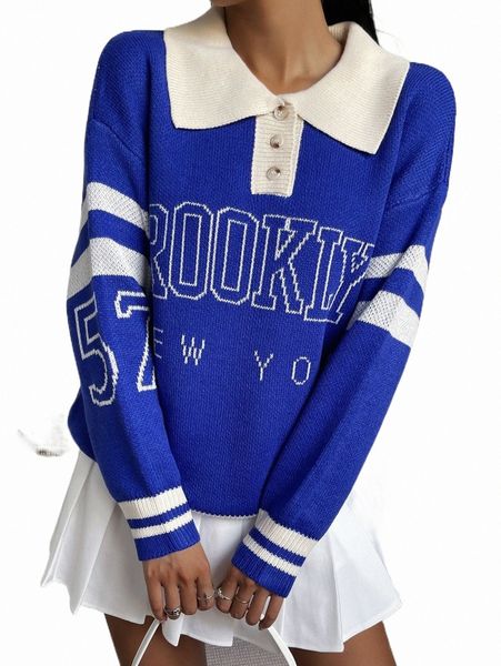 

letter pattern polo neck striped trim drop shoulder sweater 397f#, White;black