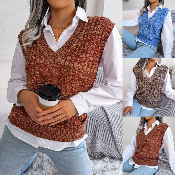 

2022 ins style real shooting autumn winter knits european and american color twist v-neck knitted vest sweater vest, White