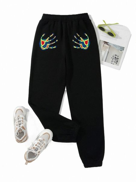 

hand print elastic waist sweatpants t3rm#, Black;white