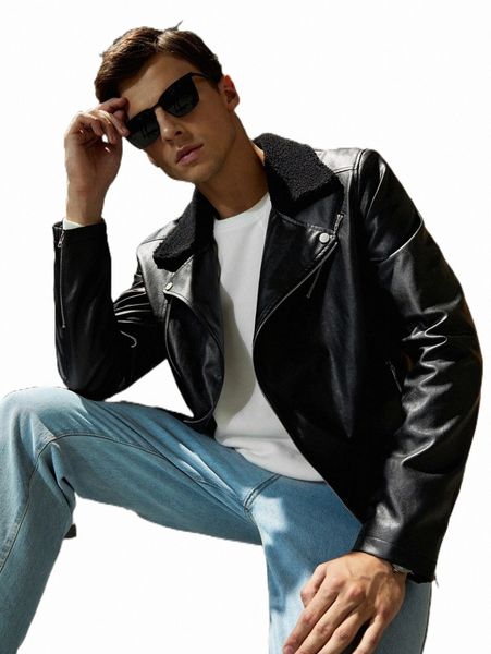 

x afraeli men zip up pu leather moto jacket r98w#, Black;brown