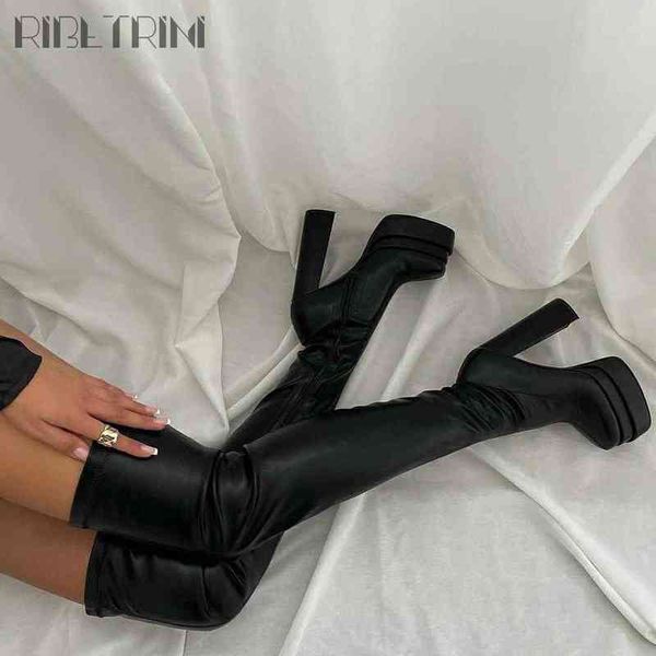 

boot ladie platform brand elegant long thigh high for women goth stretch elastic thick heel over the knee 220805, Black