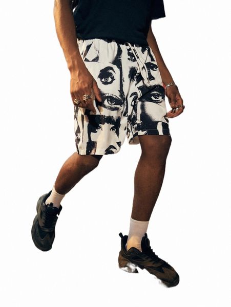 

romwe street life guys figure print drawstring shorts v3eo#, White;black