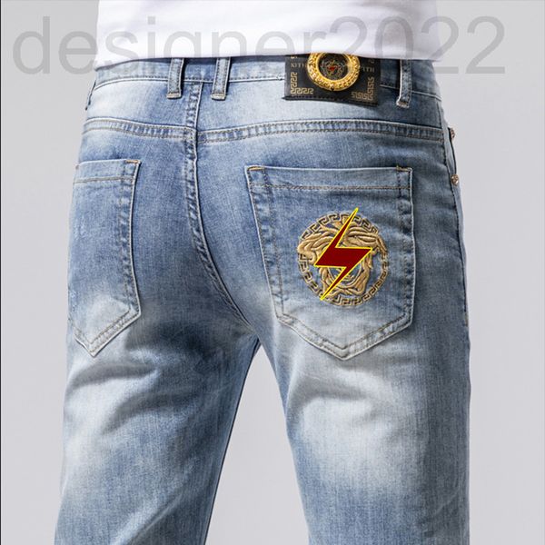 

men's jeans designer european fashion brand medusa embroidered jeans men's spring and summer elastic slim straight pants cz4o, Blue