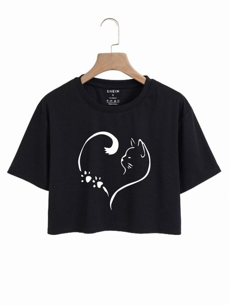

cat & heart print crop tee 62au#, White