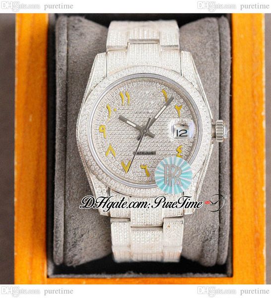 

rf 36 126234 miyota automatic mens ladies watch paved diamond yellow arabic script dial fully iced out diamonds 904l oystersteel bracelet pu, Slivery;brown