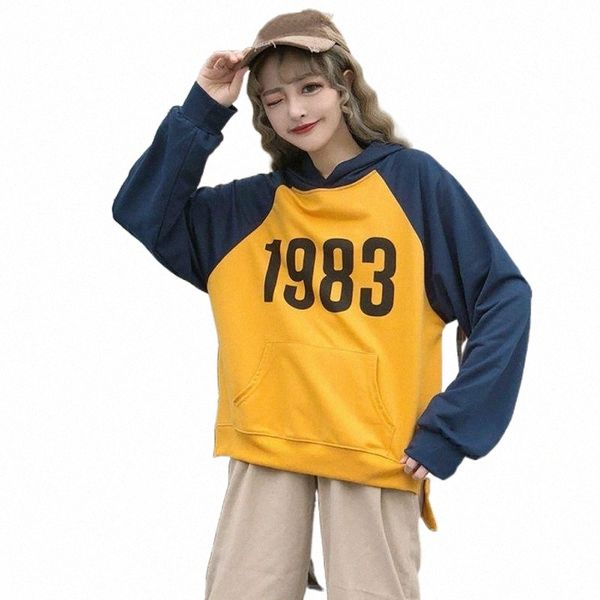 

women's hoodies & sweatshirts women fashion trendy color block number print pullover loose casual long sleeve hooded sweatshirt v6mk#, Black