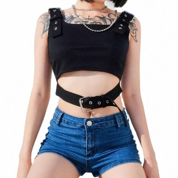 

women's tanks & camis streetwear tank women solid sleeveless punk crop vest summer ladies strap buckle short nightclub camisol p8my#, White