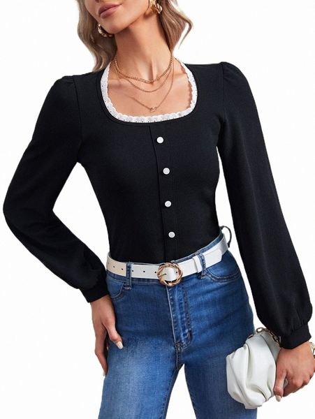 

guipure lace trim fake button lantern sleeve tee f8la#, White