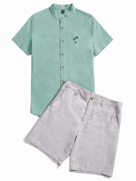 

men palm tree print shirt & shorts i3ej#, Gray